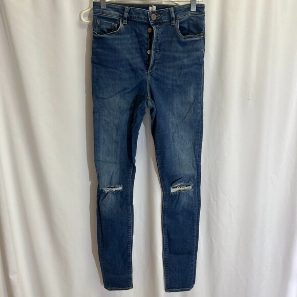 Asos Denim High Waist Button Fly Ripped Knee Skinny Jeans Tall Length 36" - Picture 1 of 7